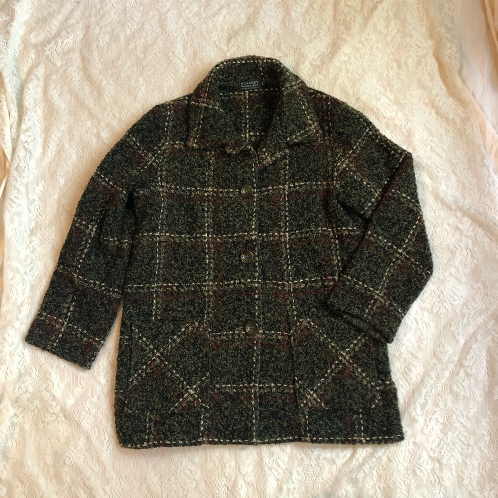 Blarney Woolley Mills made in Ireland forest green plaid knit coat